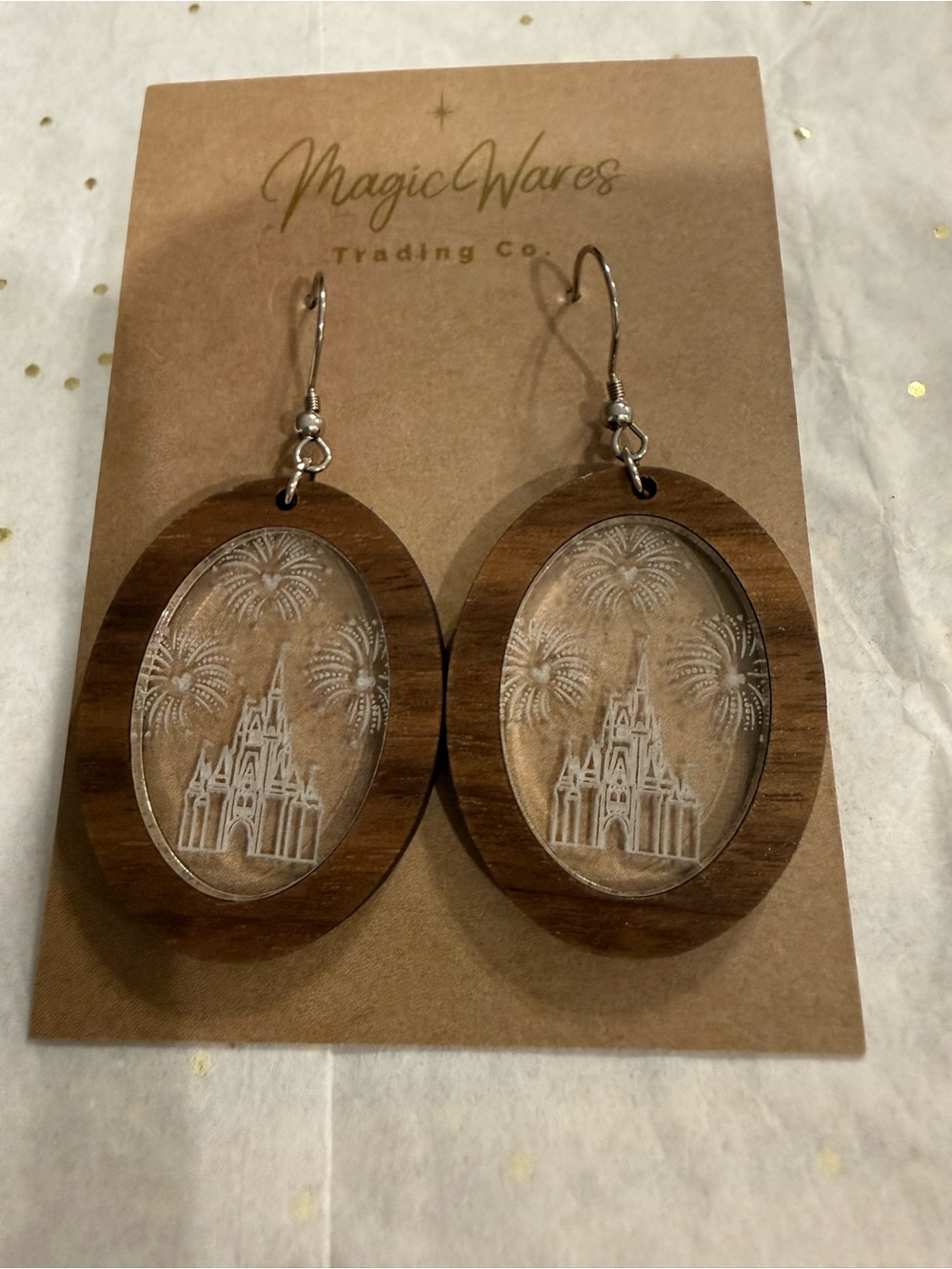 Brown Wood Oval Castle Earrings